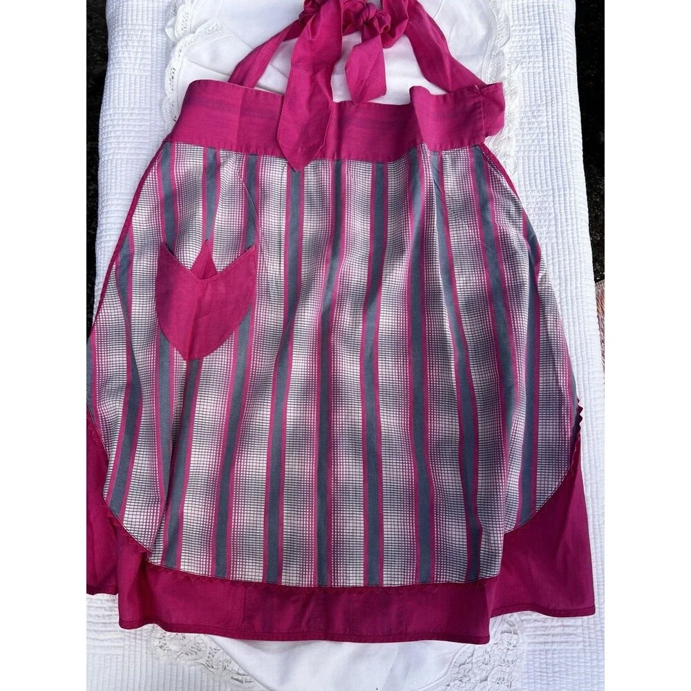 1960s Handmade Reversible Hostess Apron Pink Heart Pocket Tulip Retro Vintage